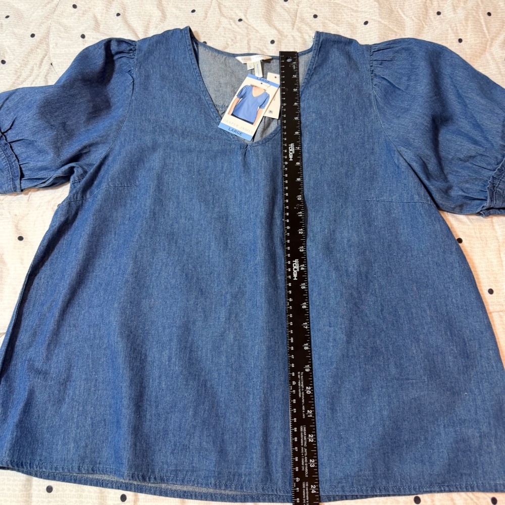 Draper James Womens‎ Blue Chambray V-Neck Puff Sleeve Blouse Top Large NWT - Picture 4 of 7